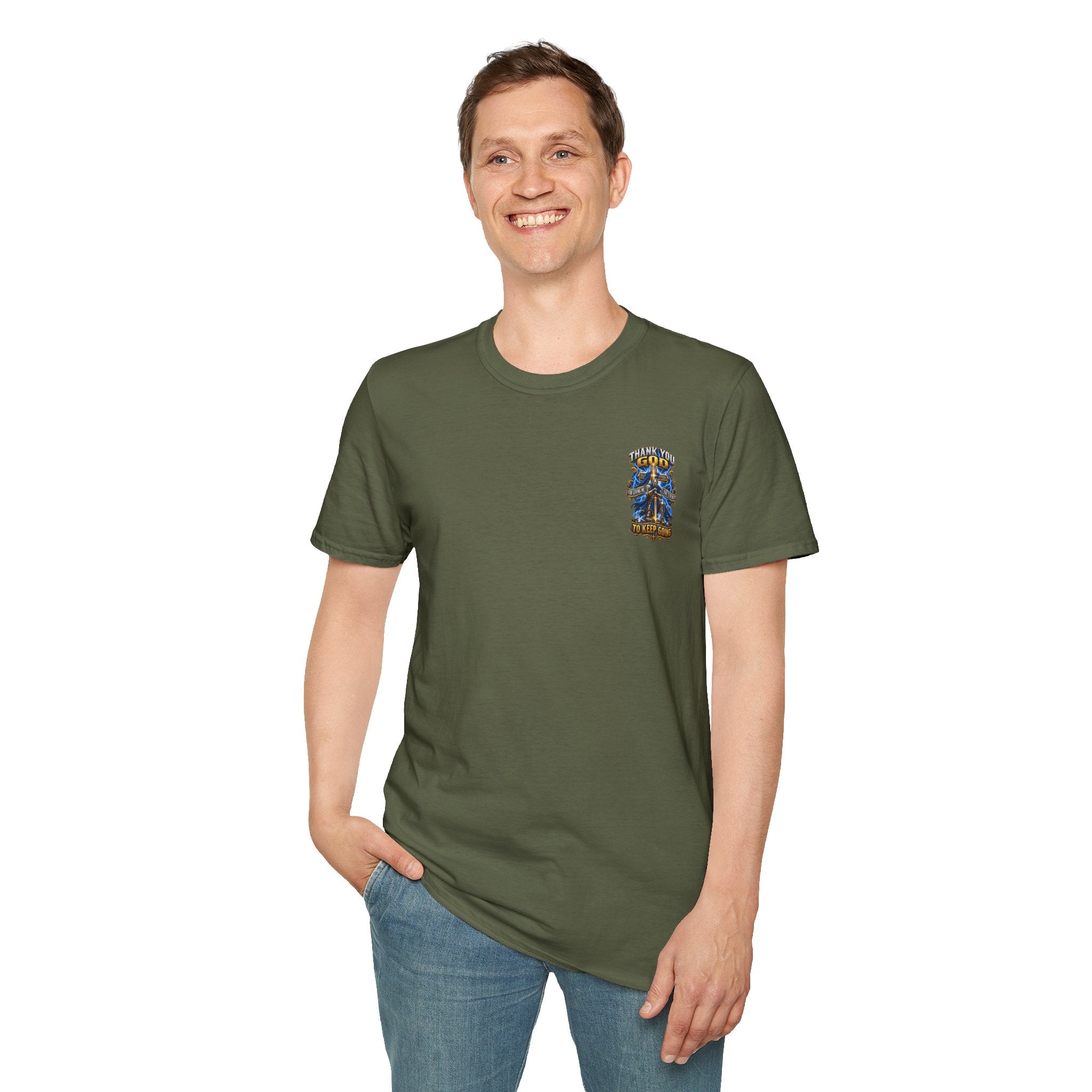 T-Shirt — "Thank You God I Keep Going" Faith Graphic Pocket Tee