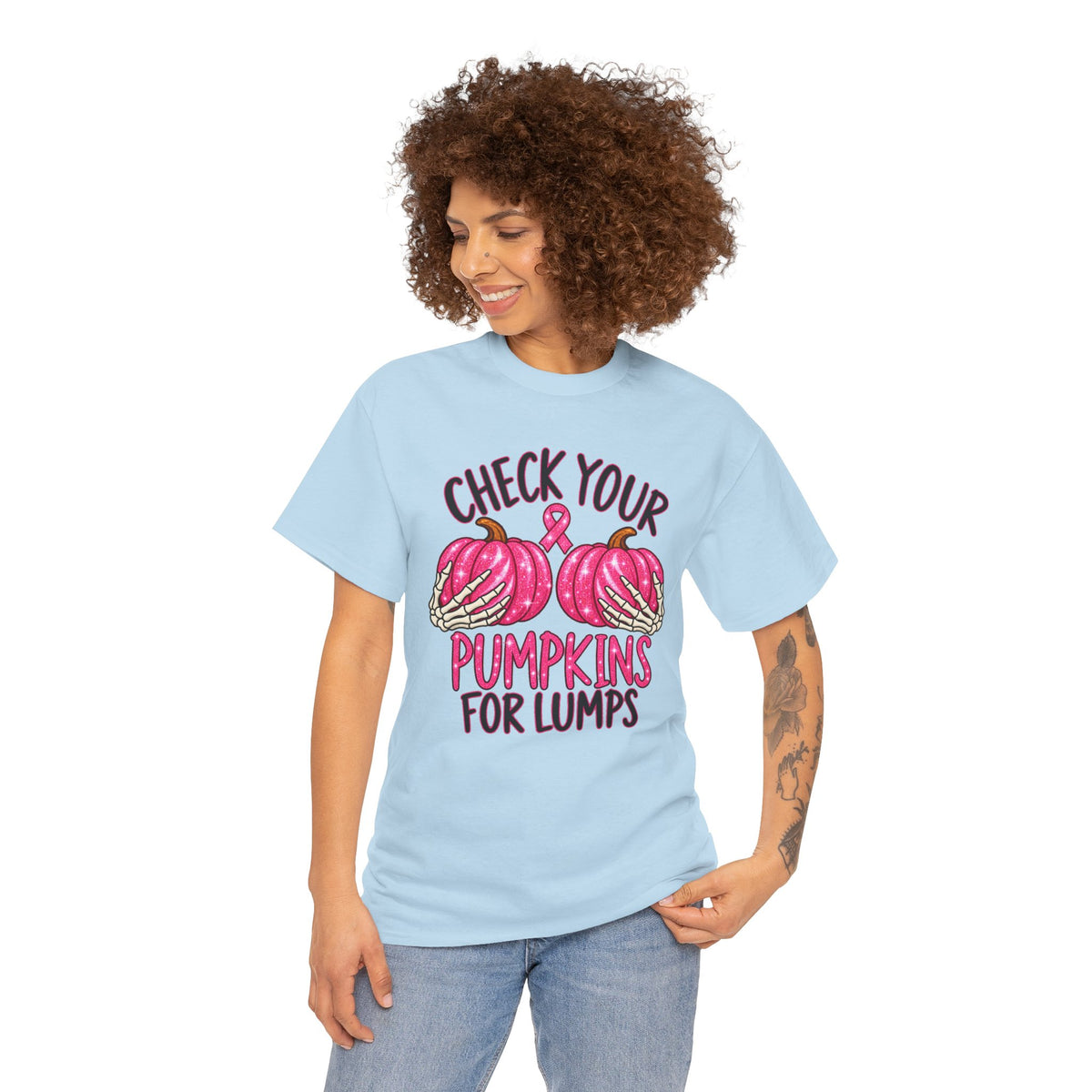 Breast Cancer Awareness T-Shirt — "Check Your Pumpkins for Lumps" Pink Ribbon Tee