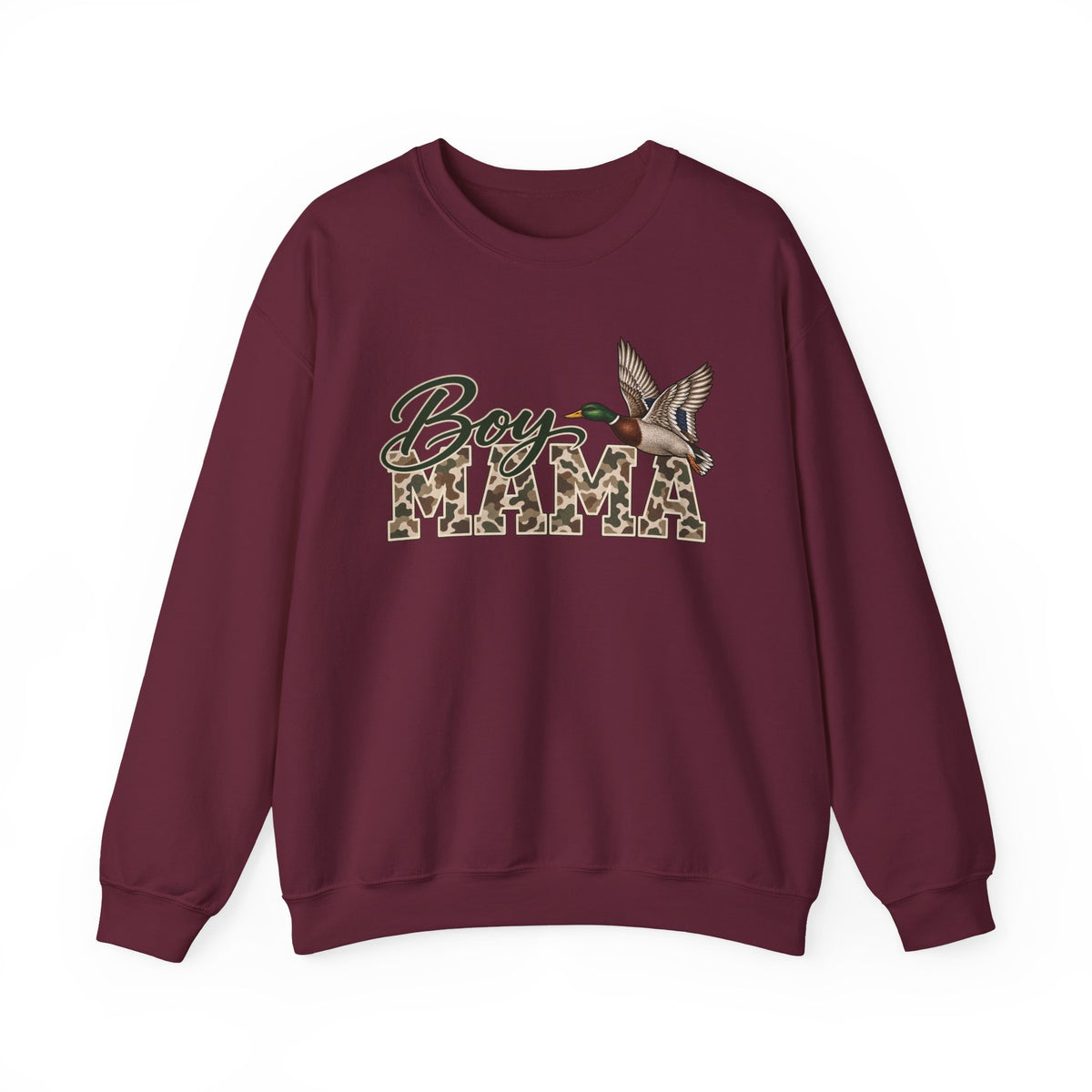 Boy Mama Crewneck Sweatshirt — Camo Lettering with Flying Duck