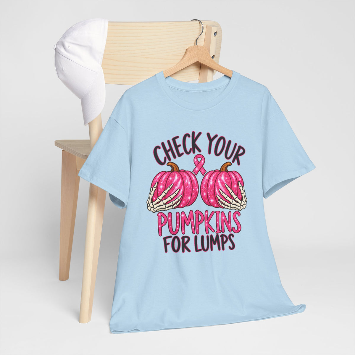 Breast Cancer Awareness T-Shirt — "Check Your Pumpkins for Lumps" Pink Ribbon Tee