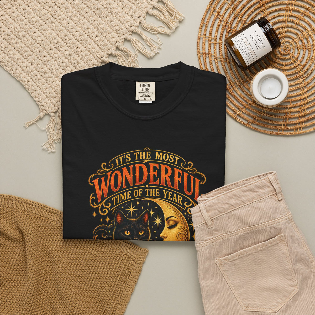 T-Shirt — "It's the Most Wonderful Time of the Year" Halloween Black Cat & Pumpkin