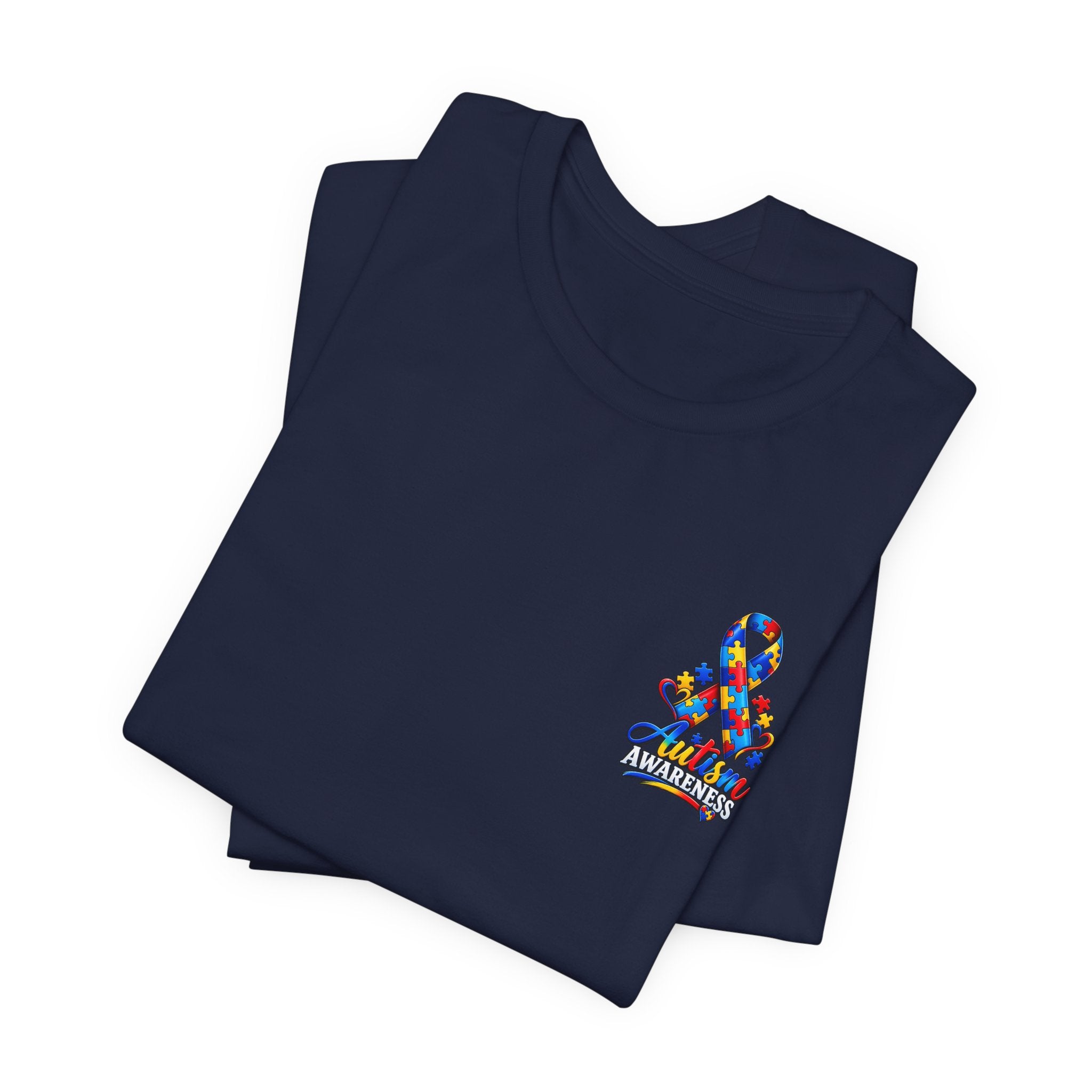Autism Awareness Ribbon Chest Tee — 'Different, Not Less' Short Sleeve T-Shirt