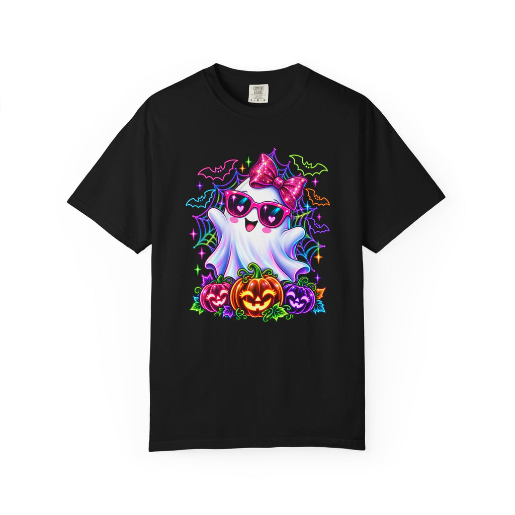 Cute Halloween Ghost T-Shirt — Pink Bow Ghost with Sunglasses & Pumpkins