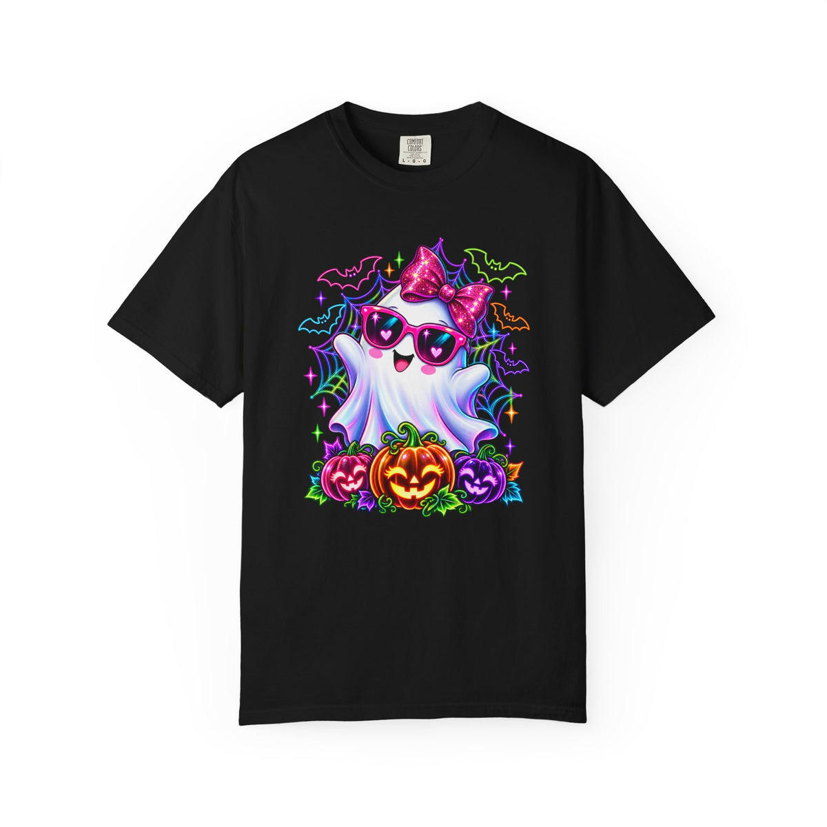 Cute Halloween Ghost T-Shirt — Pink Bow Ghost with Sunglasses & Pumpkins
