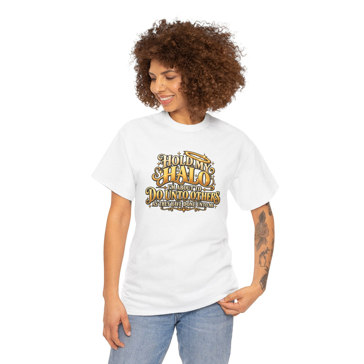 T-Shirt — "Hold My Halo I'm About To Do Unto Others" Vintage Faith Graphic Tee