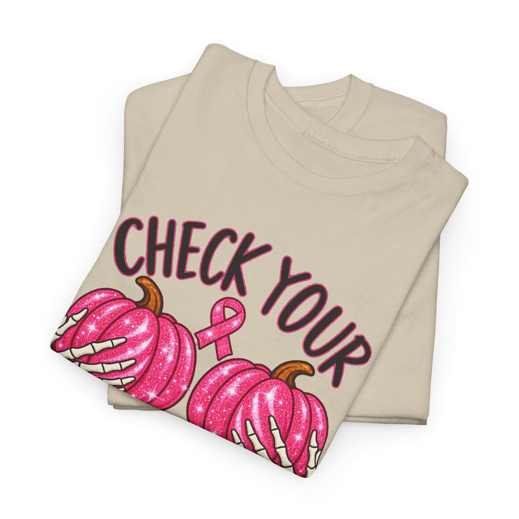 Breast Cancer Awareness T-Shirt — "Check Your Pumpkins for Lumps" Pink Ribbon Tee