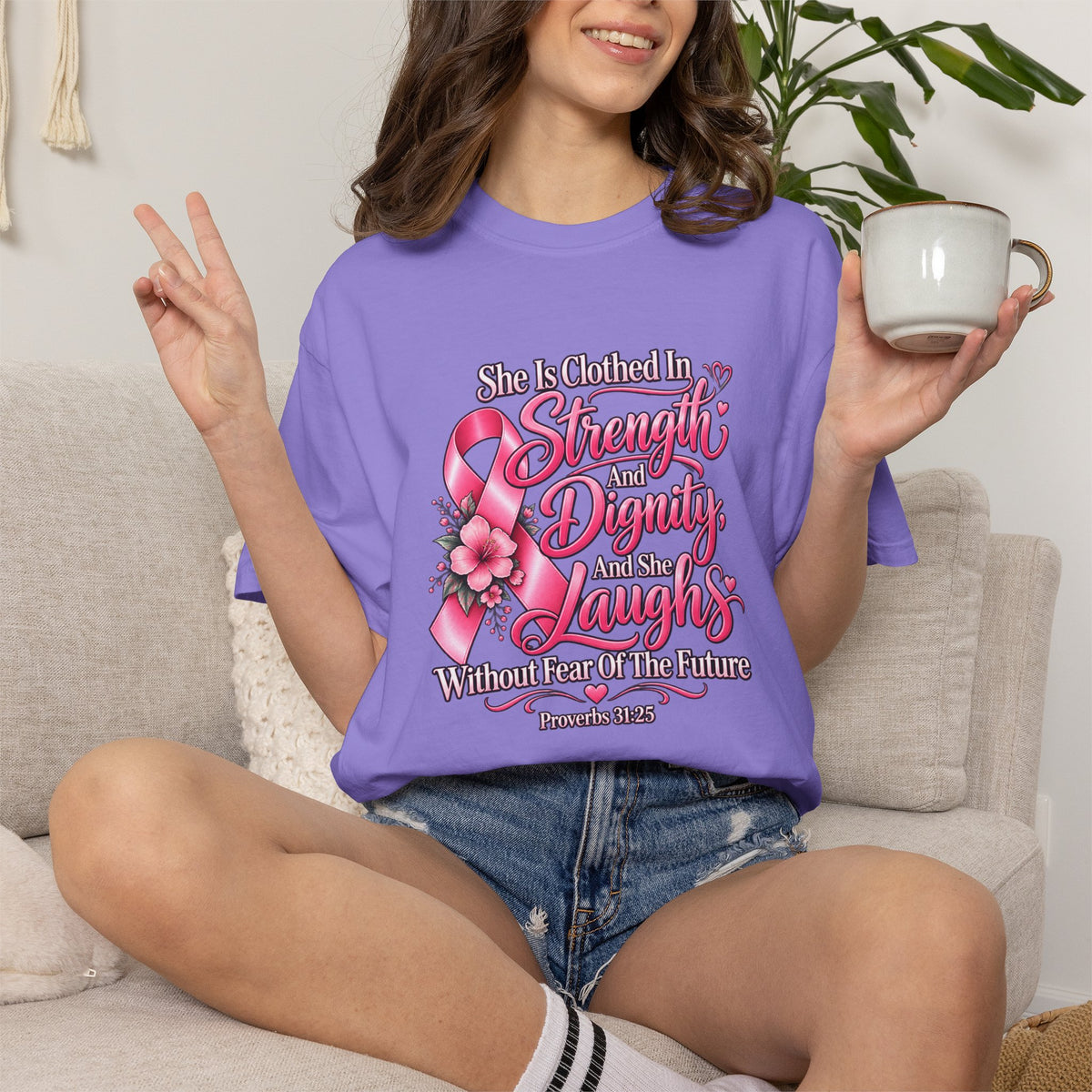 Breast Cancer Awareness T-Shirt — "She is Clothed in Strength" Pink Ribbon Tee