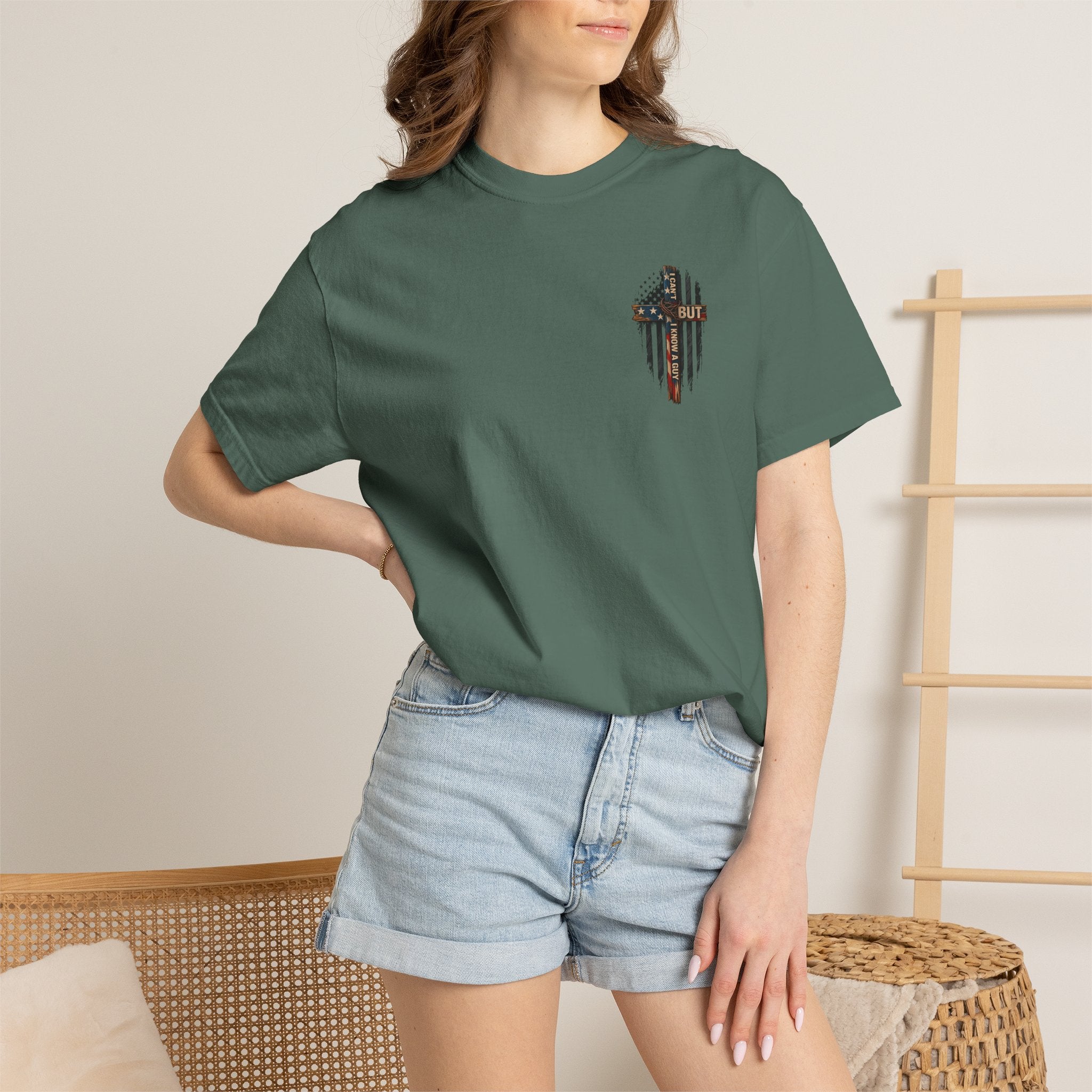 T-Shirt — 'I Can't But I Know A Guy' American Flag Cross Graphic