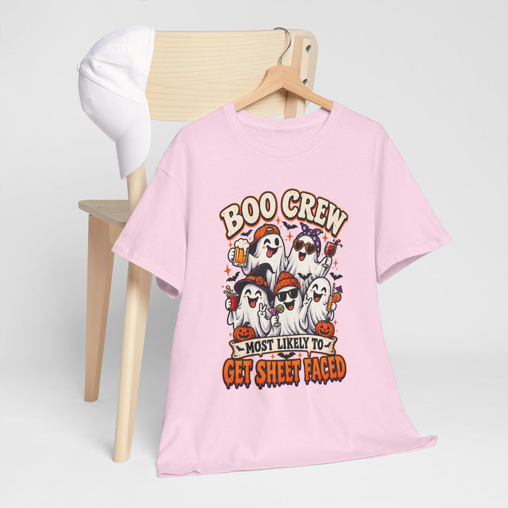 Boo Crew Halloween T-Shirt — “Most Likely to Get Sheet Faced” Funny Ghost Party Tee