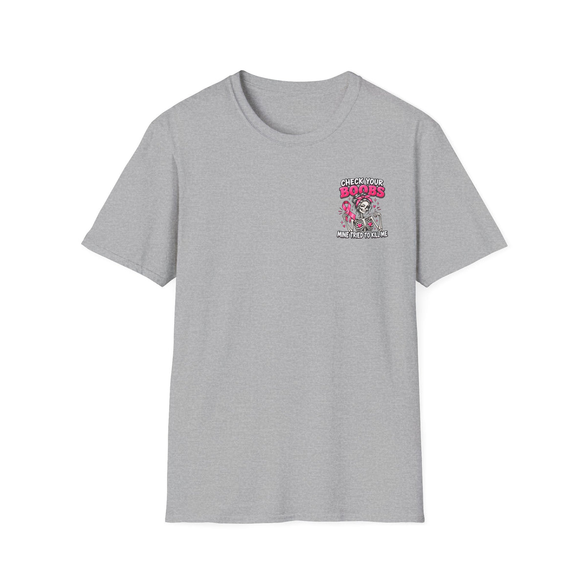 Breast Cancer Awareness T-Shirt — “Check Your Boobs, Mine Tried to Kill Me” Graphic Tee