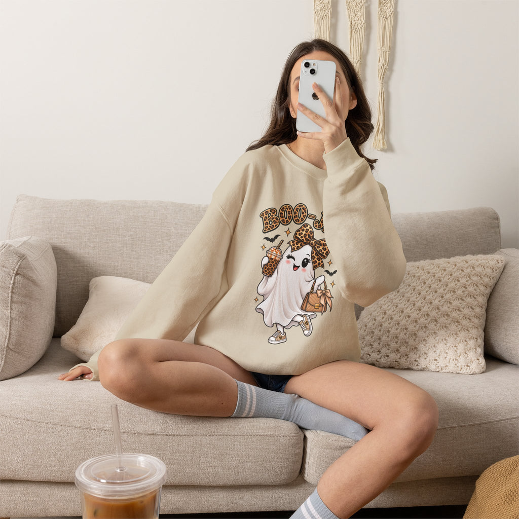 Ghost Trick Crewneck Sweatshirt — "Boo-tiful" Leopard Halloween Ghost Design