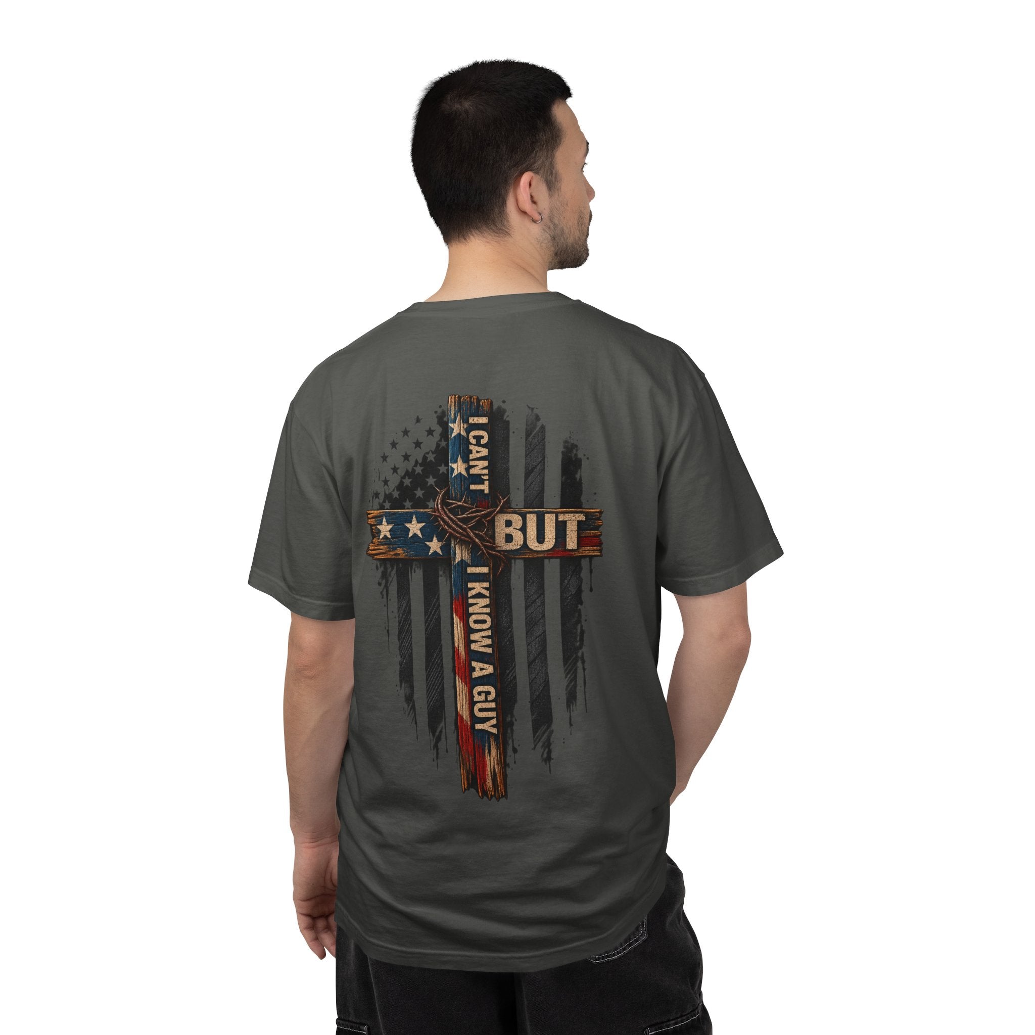 T-Shirt — 'I Can't But I Know A Guy' American Flag Cross Graphic