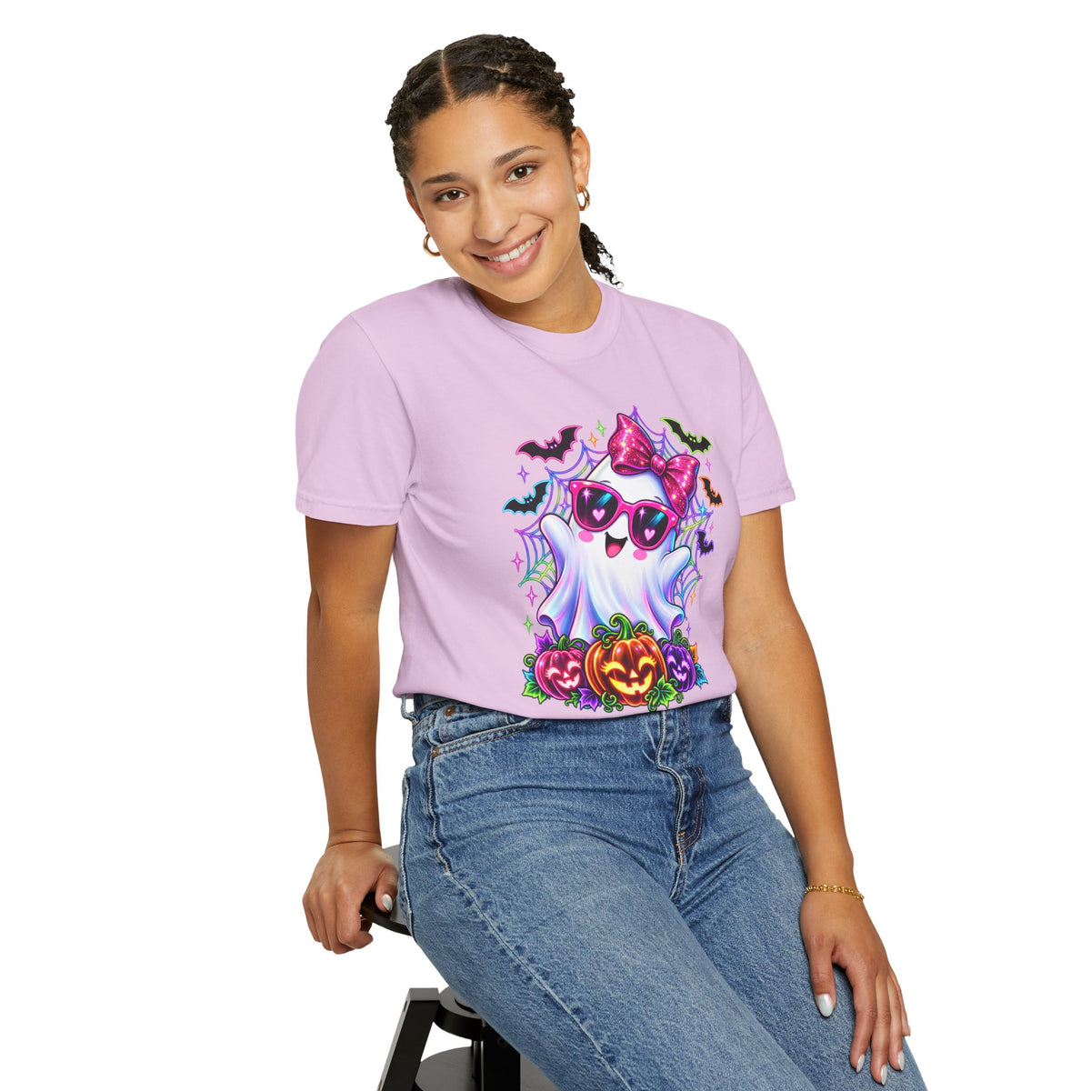Cute Halloween Ghost T-Shirt — Pink Bow Ghost with Sunglasses & Pumpkins