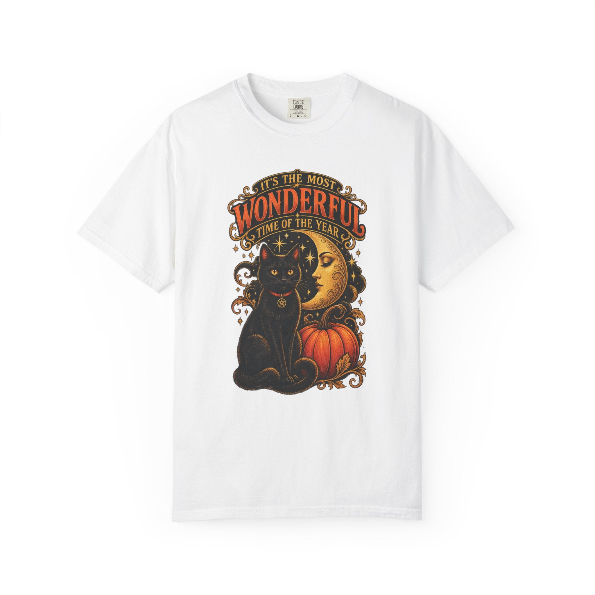 T-Shirt — "It's the Most Wonderful Time of the Year" Halloween Black Cat & Pumpkin