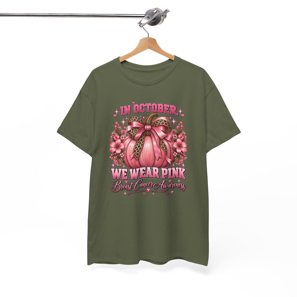 Breast Cancer Awareness T-Shirt — "In October We Wear Pink" Pumpkin Design