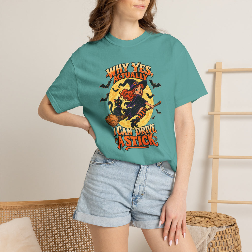 Witch Broom Halloween T-Shirt — "Why Yes Actually I Can Drive A Stick"