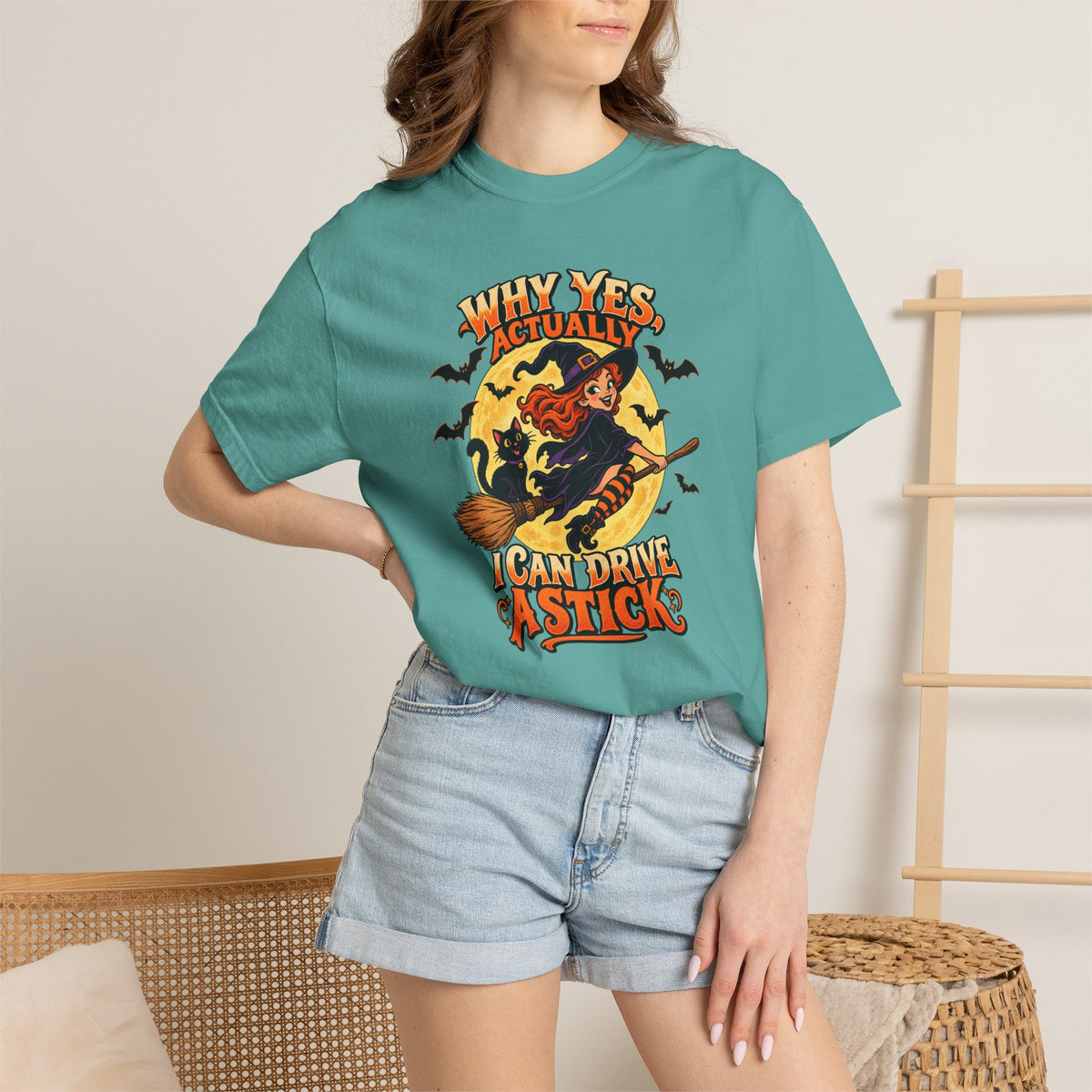 Witch Broom Halloween T-Shirt — "Why Yes Actually I Can Drive A Stick"