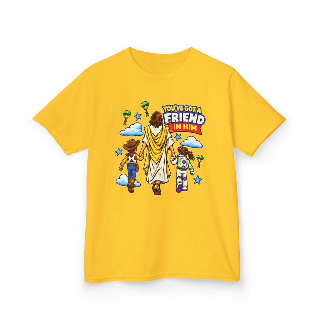 Kids Tee — "You've Gotta Friend in Him" Inspirational Jesus & Toy Friends Graphic