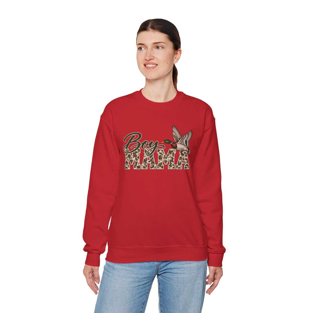 Boy Mama Crewneck Sweatshirt — Camo Lettering with Flying Duck
