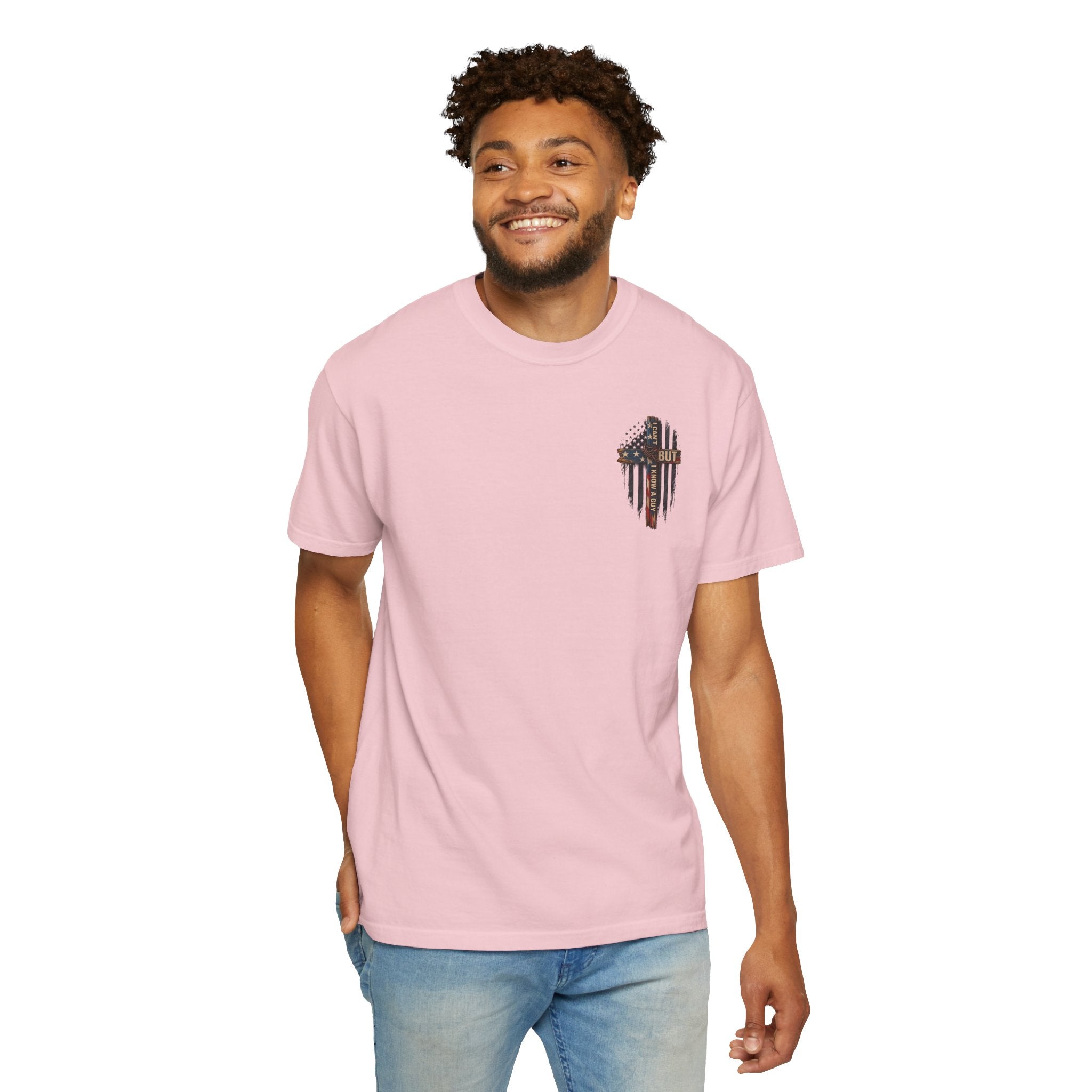 T-Shirt — 'I Can't But I Know A Guy' American Flag Cross Graphic