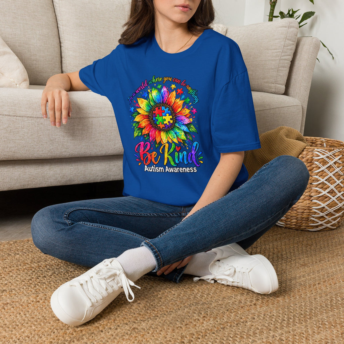 Autism Awareness Sunflower T-Shirt — 'Be Kind' Rainbow Puzzle Design