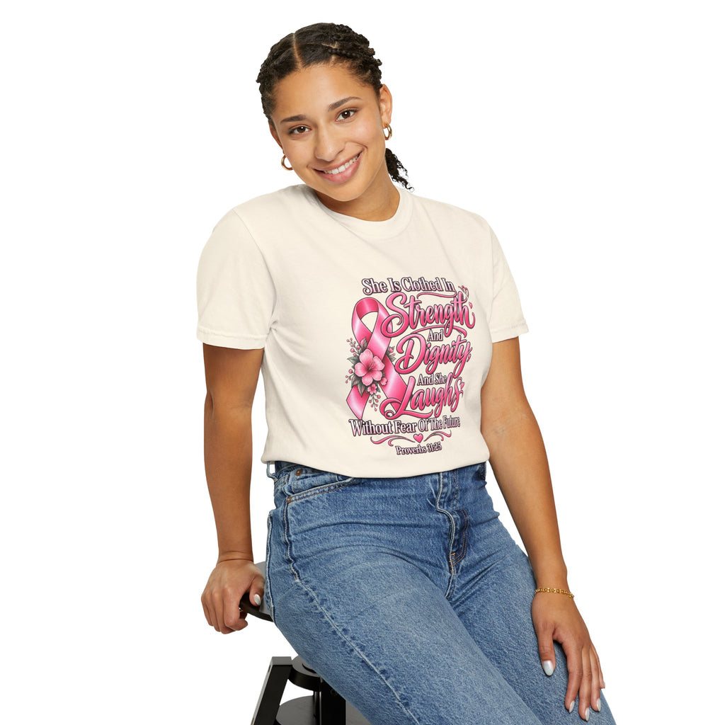 Breast Cancer Awareness T-Shirt — "She is Clothed in Strength" Pink Ribbon Tee