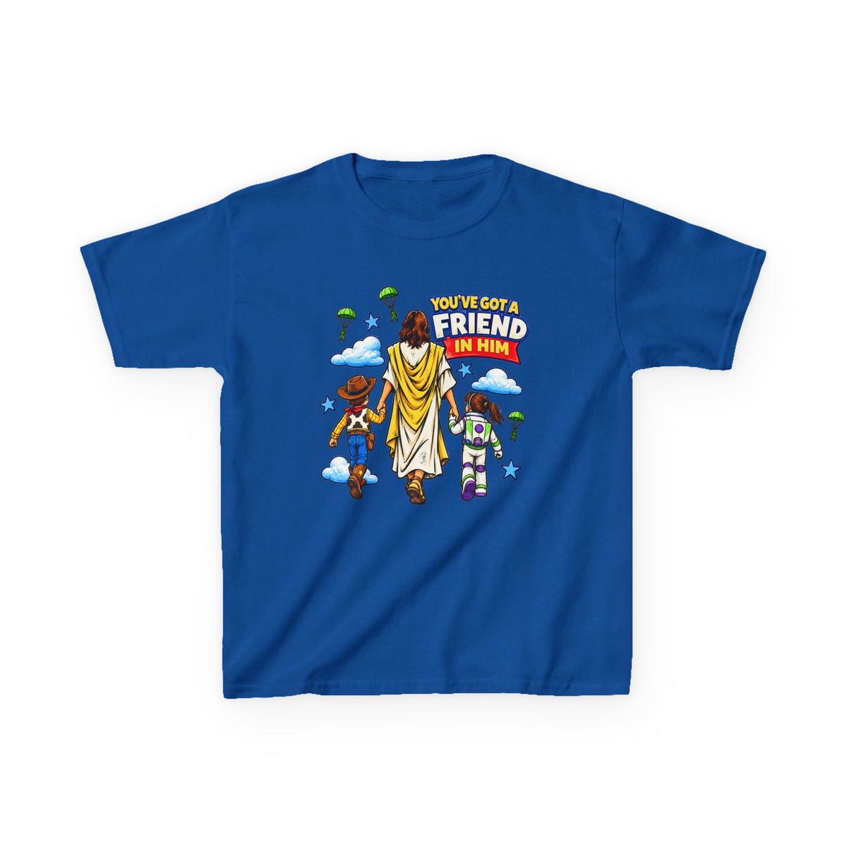 Kids Tee — "You've Gotta Friend in Him" Inspirational Jesus & Toy Friends Graphic