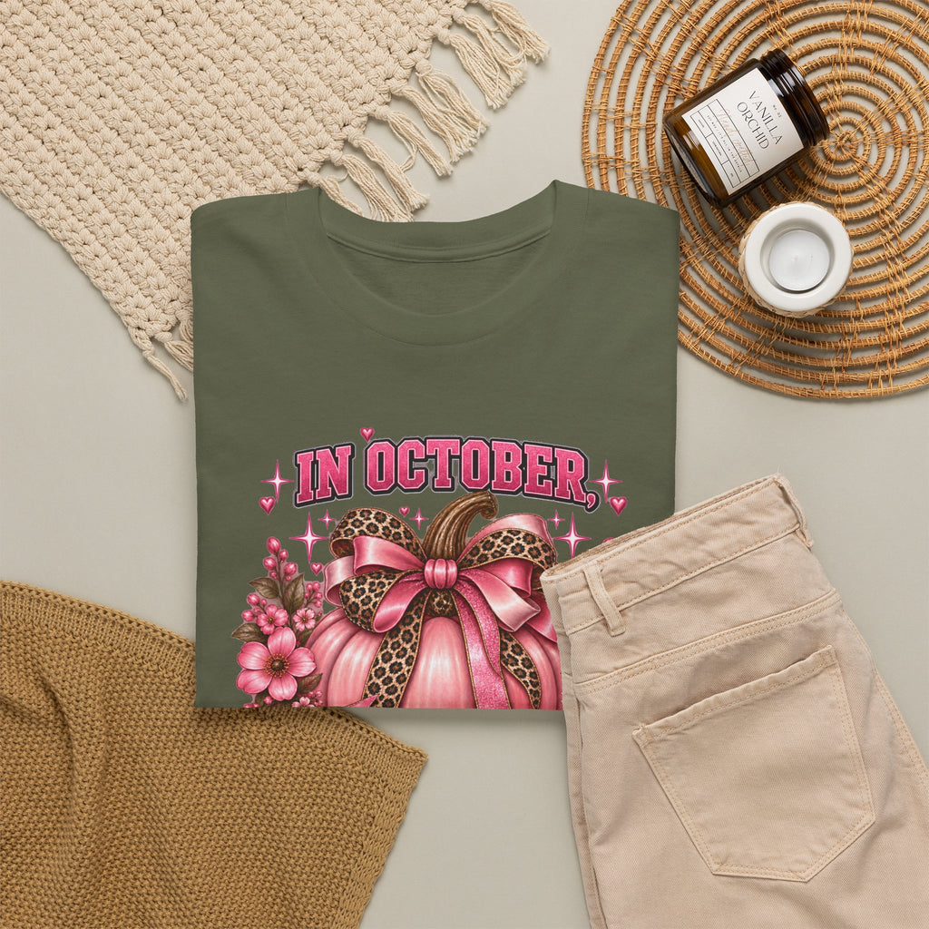Breast Cancer Awareness T-Shirt — "In October We Wear Pink" Pumpkin Design