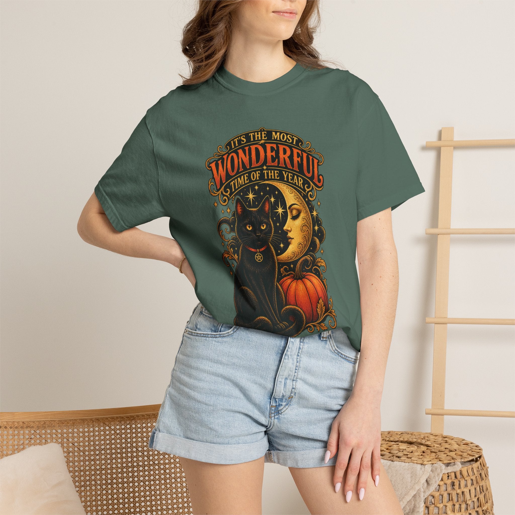 T-Shirt — "It's the Most Wonderful Time of the Year" Halloween Black Cat & Pumpkin