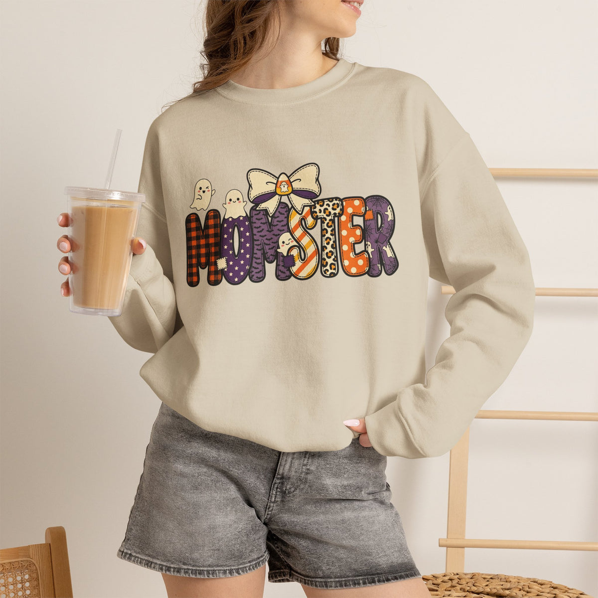 Momster Halloween Sweater | Momster Crewneck Sweatshirt, Halloween mom, purple orange spooky lettering