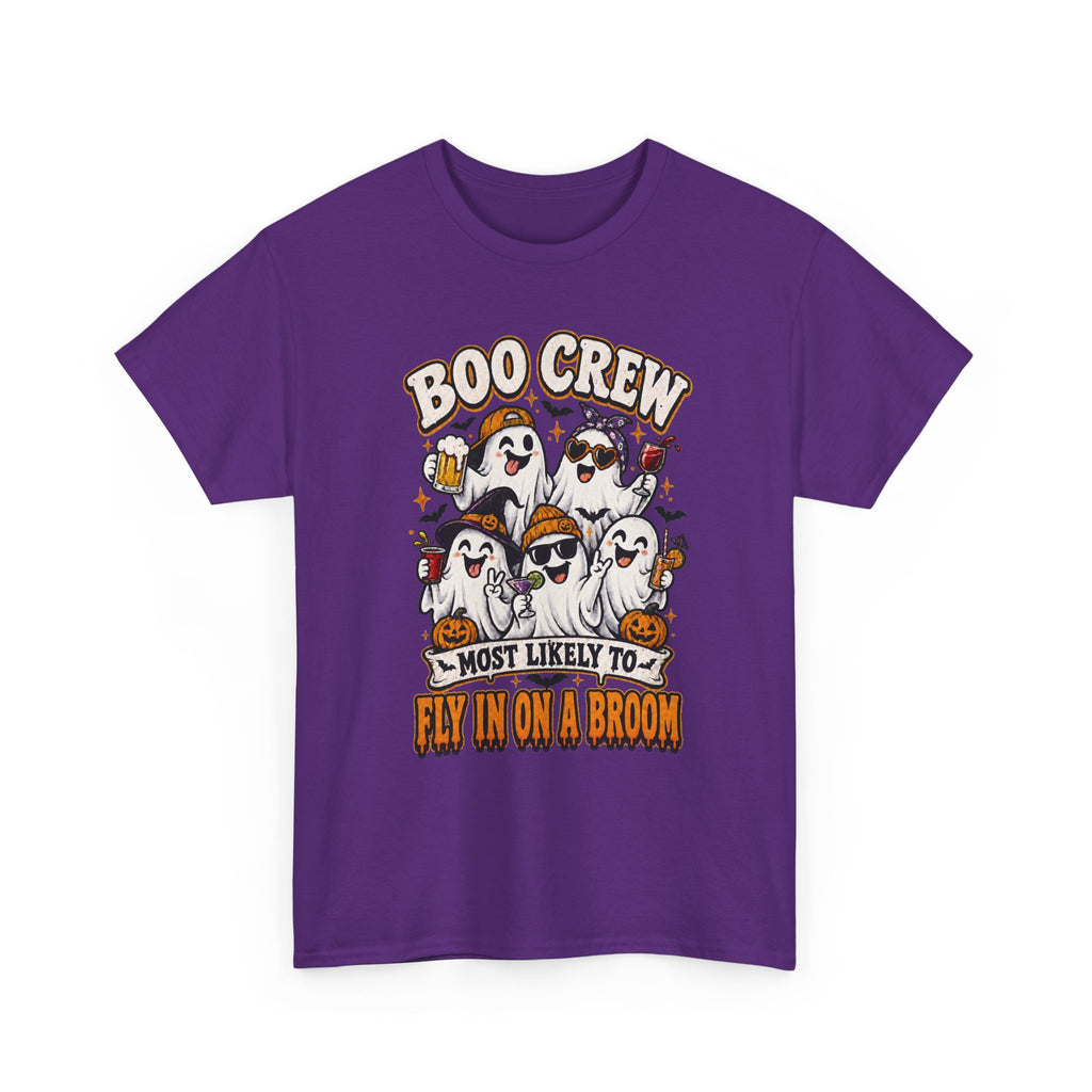 Boo Crew T-Shirt — “Most Likely to Fly on a Broom” Halloween Ghost Tee