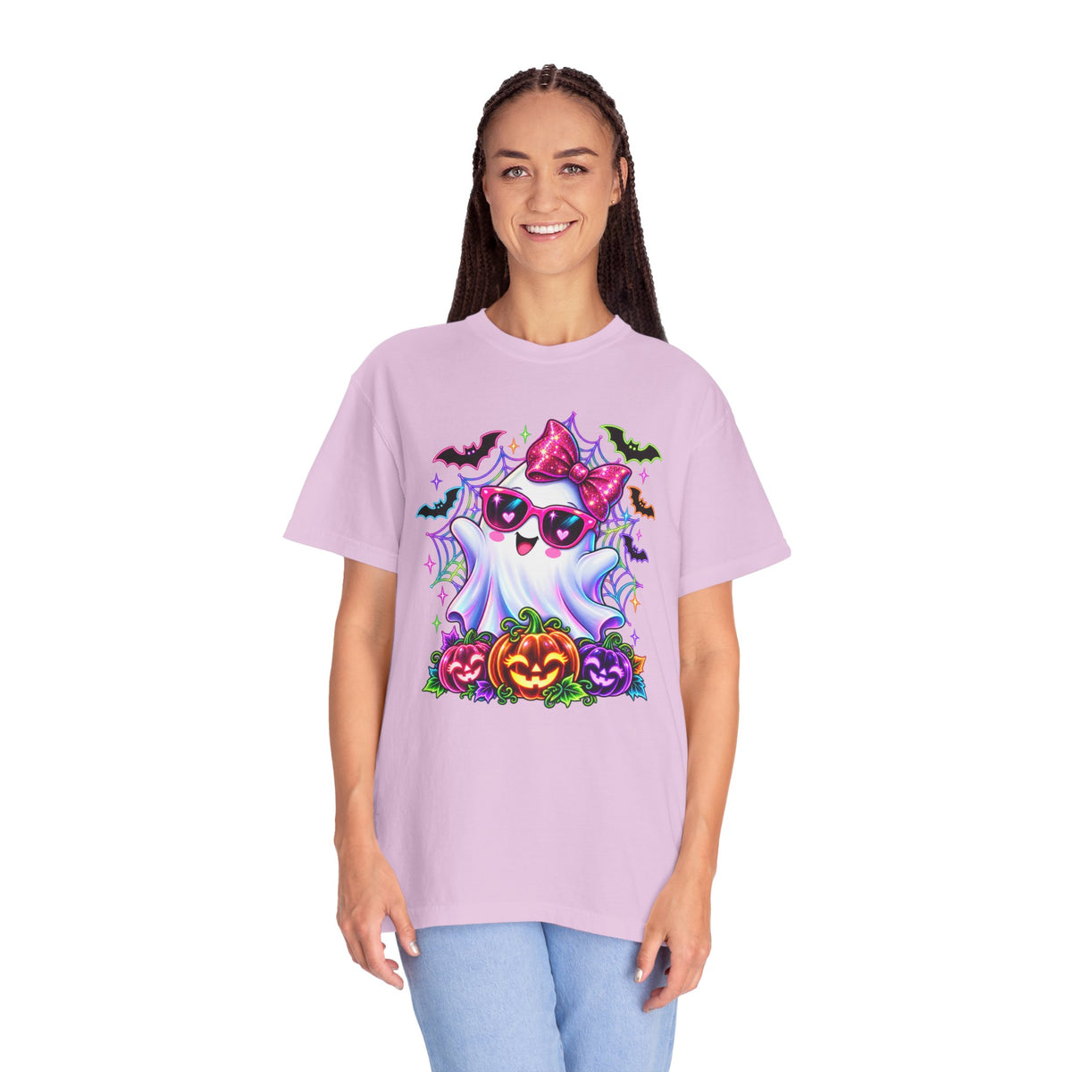 Cute Halloween Ghost T-Shirt — Pink Bow Ghost with Sunglasses & Pumpkins