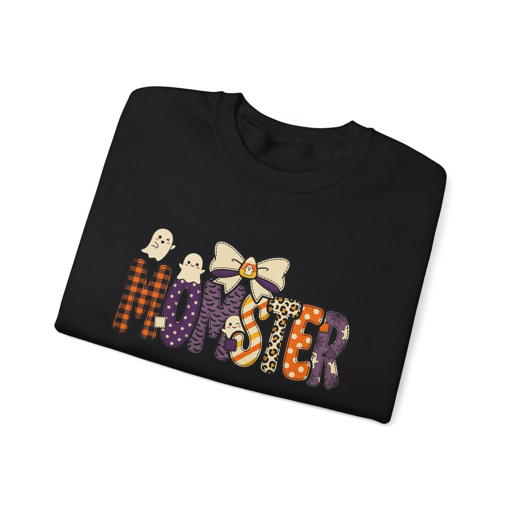 Momster Halloween Sweater | Momster Crewneck Sweatshirt, Halloween mom, purple orange spooky lettering