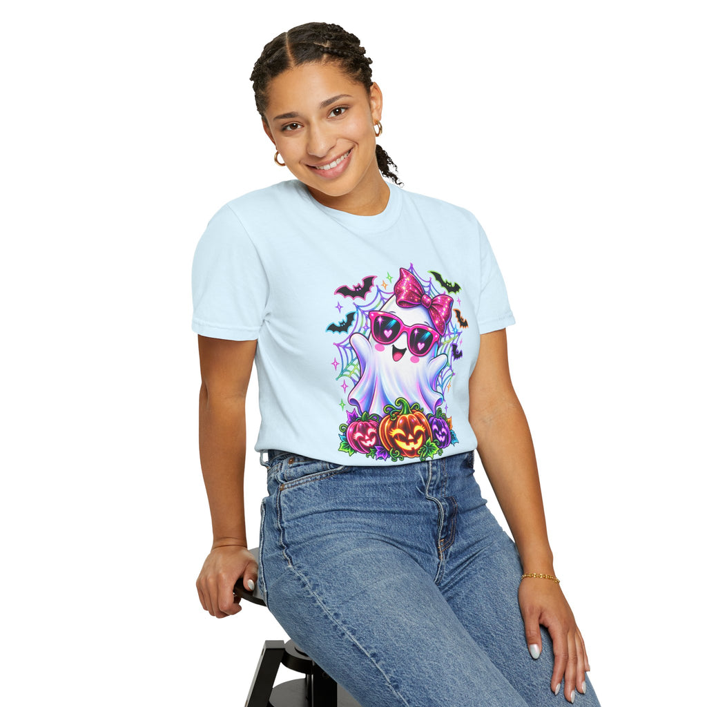 Cute Halloween Ghost T-Shirt — Pink Bow Ghost with Sunglasses & Pumpkins