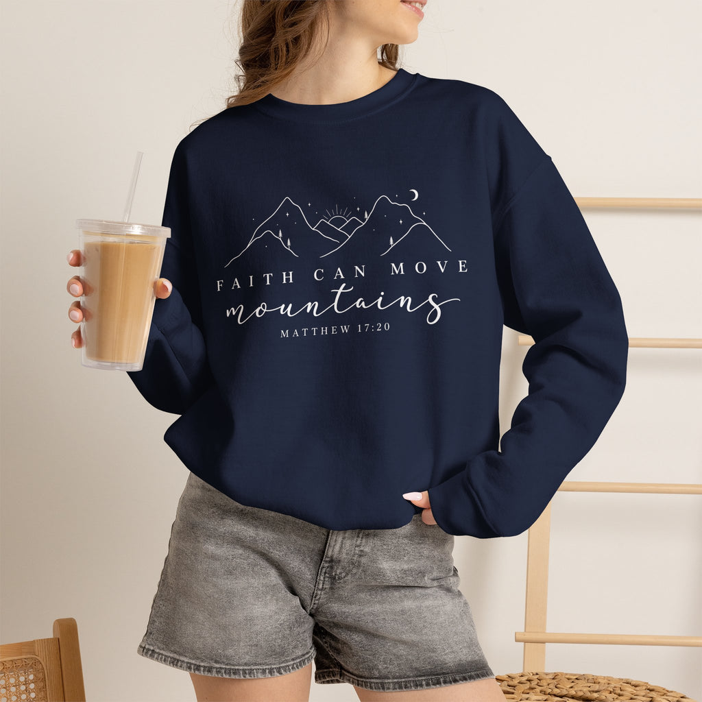 Faith Can Move Mountains Crewneck Sweatshirt — Matthew 17:20 Christian Mountain Design