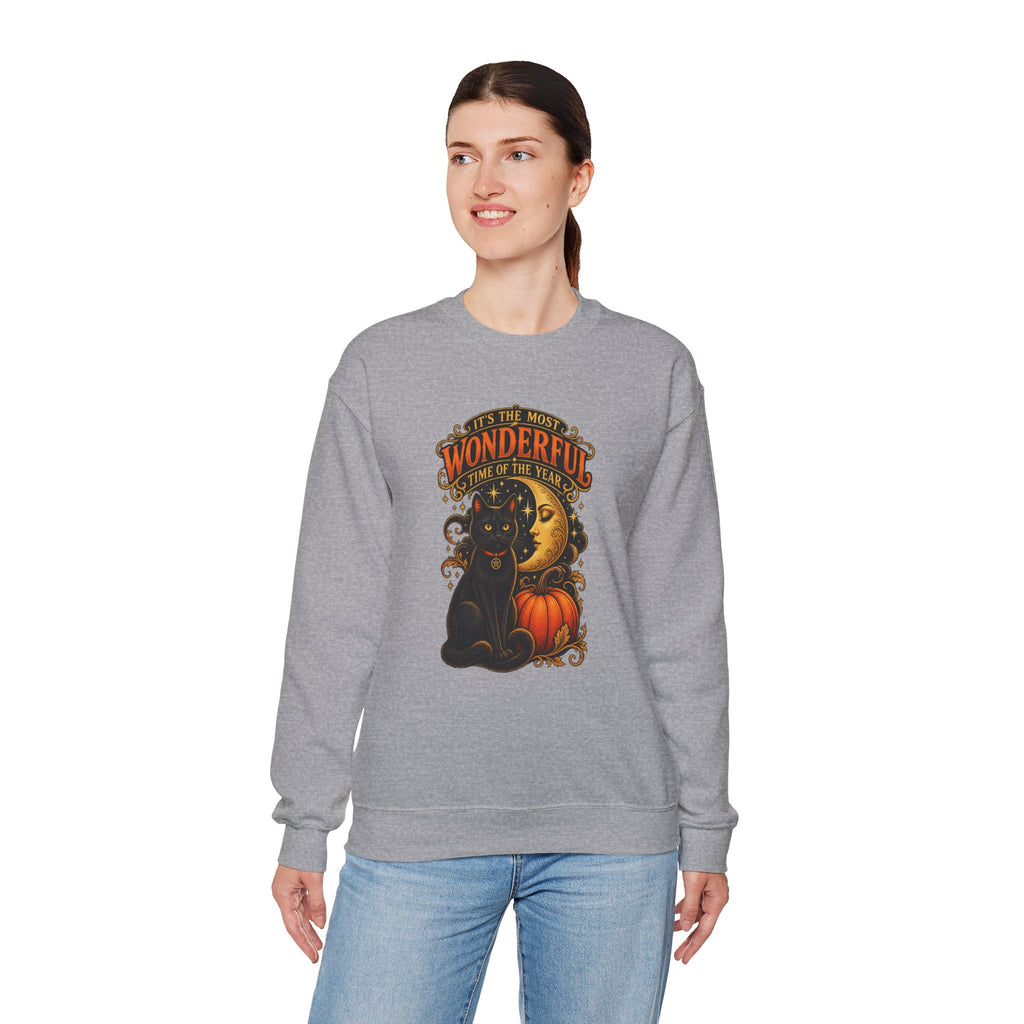 Vintage Halloween Sweatshirt - "It's the Most Wonderful Time of the Year" Black Cat & Moon Design