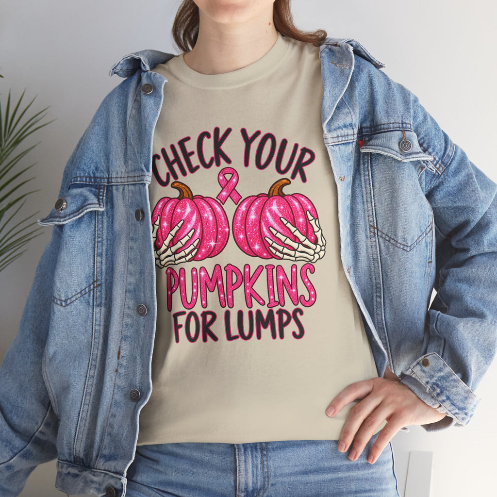 Breast Cancer Awareness T-Shirt — "Check Your Pumpkins for Lumps" Pink Ribbon Tee