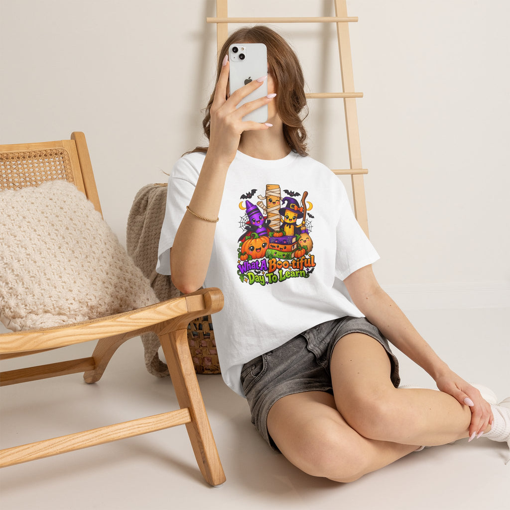 Halloween Teacher Tee — "What A Boo-tiful Day To Learn" Kids' Classroom Shirt