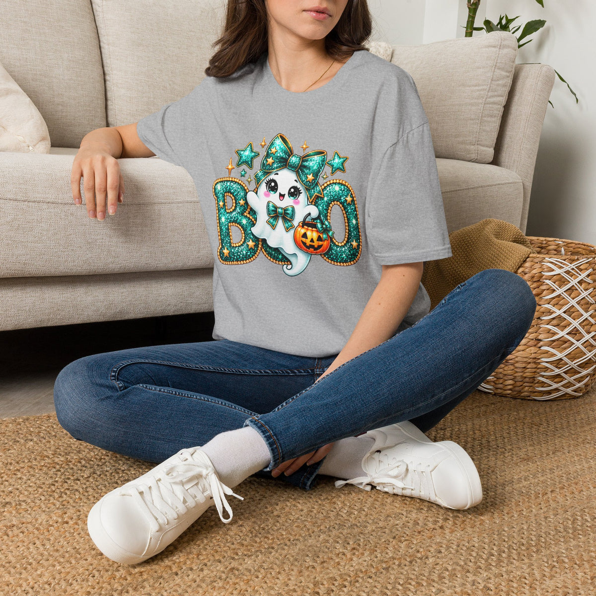 Boo Ghost Graphic T-Shirt — Cute Teal Glitter Halloween Tee