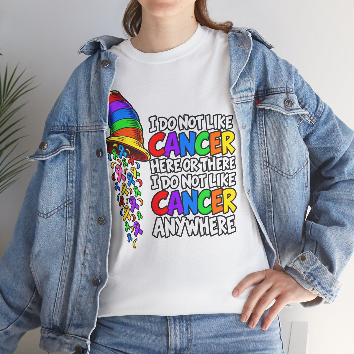 Cancer Awareness T-Shirt — “I Do Not Like Cancer Here or There” Rainbow Ribbon Tee