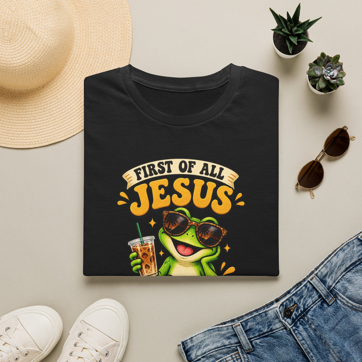 Jesus Frog T-Shirt — "First of All Jesus" Cute Frog Christian Tee