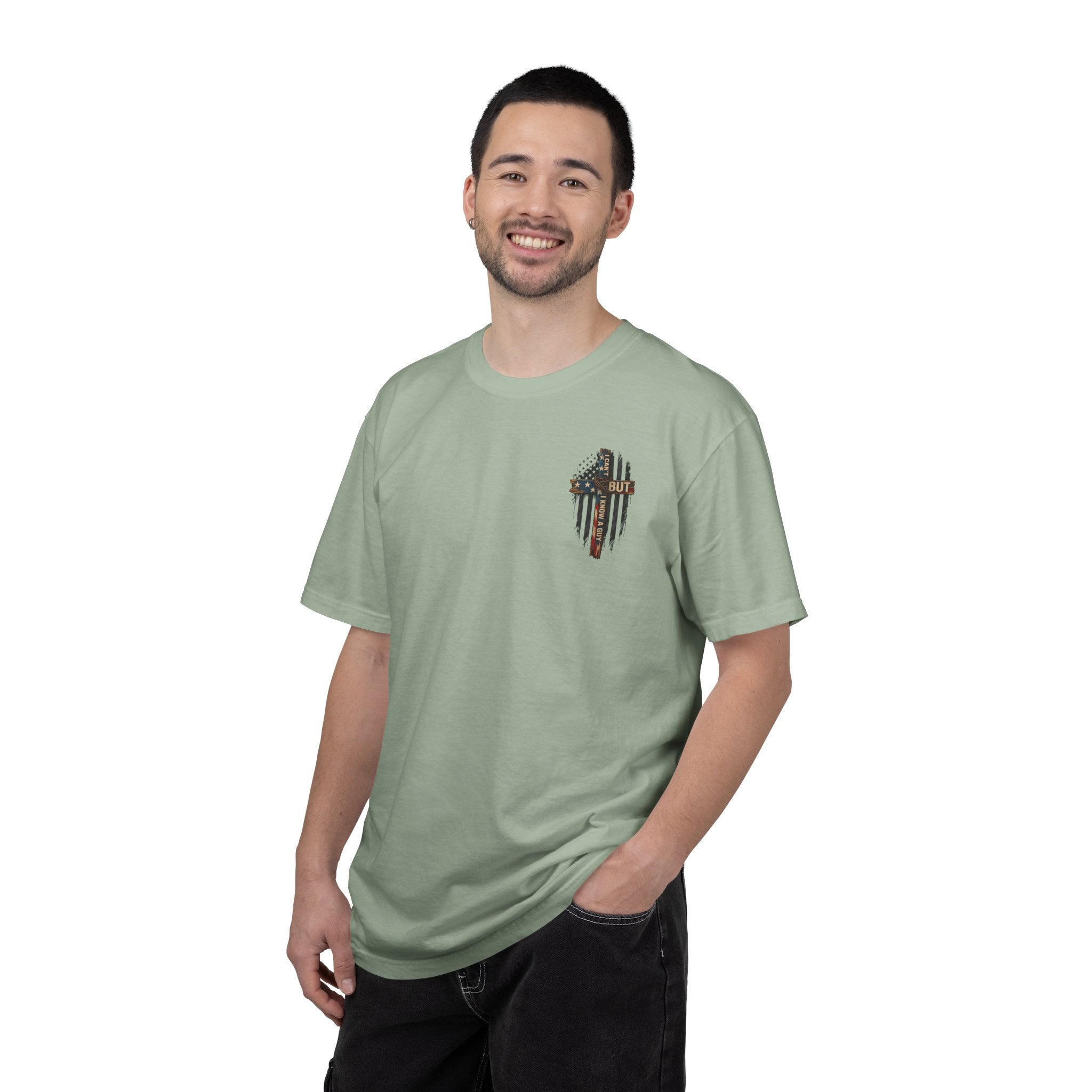 T-Shirt — 'I Can't But I Know A Guy' American Flag Cross Graphic
