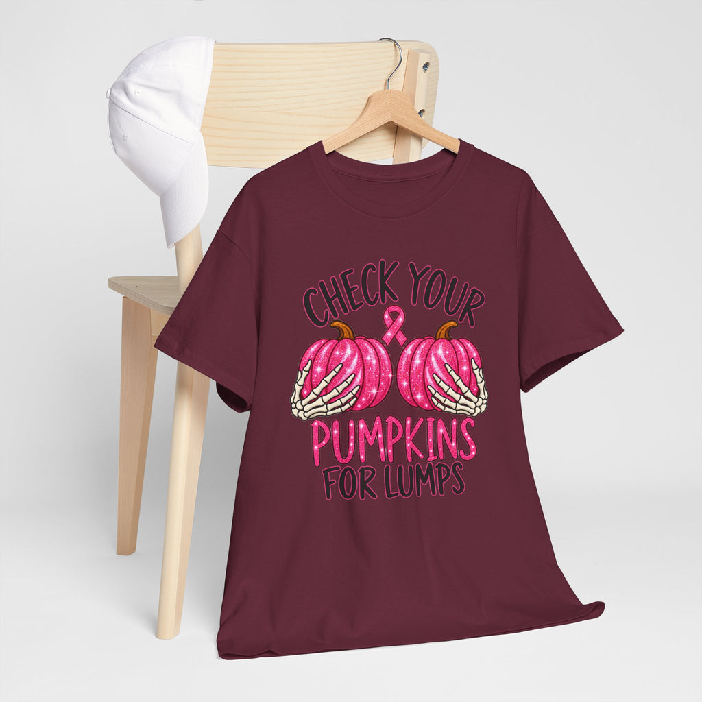 Breast Cancer Awareness T-Shirt — "Check Your Pumpkins for Lumps" Pink Ribbon Tee