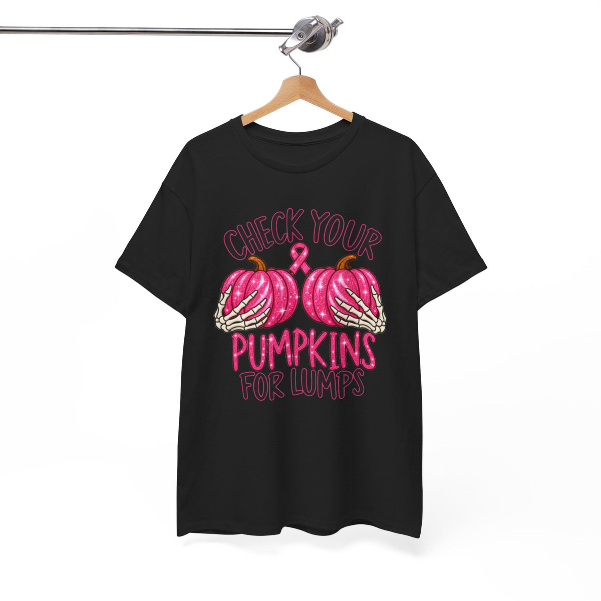 Breast Cancer Awareness T-Shirt — "Check Your Pumpkins for Lumps" Pink Ribbon Tee