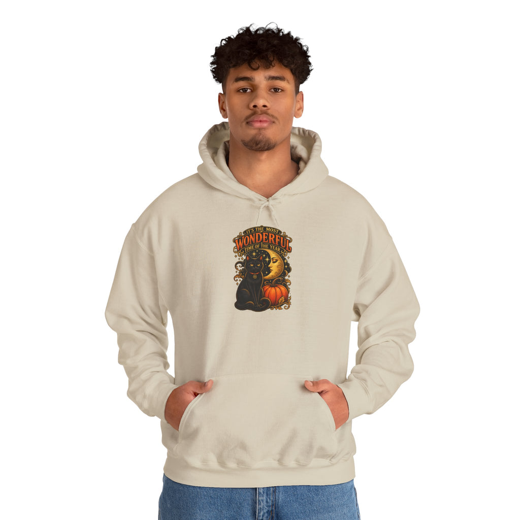 Halloween Black Cat Moon Hoodie – Vintage Pumpkin & Crescent Moon Fall Sweatshirt