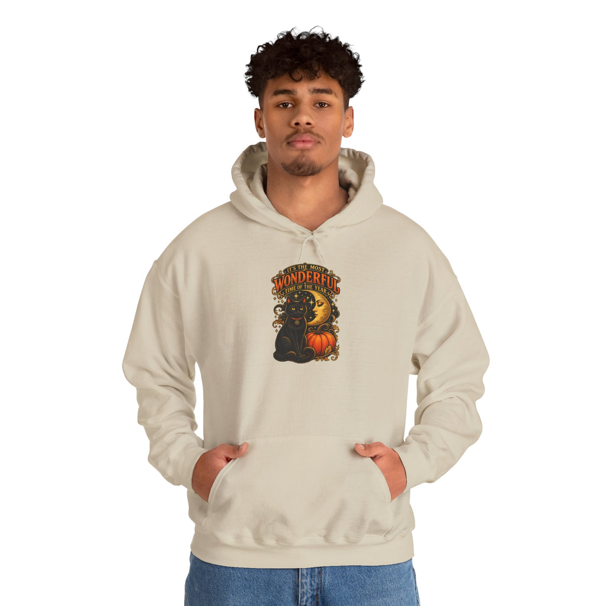 Halloween Black Cat Moon Hoodie – Vintage Pumpkin & Crescent Moon Fall Sweatshirt