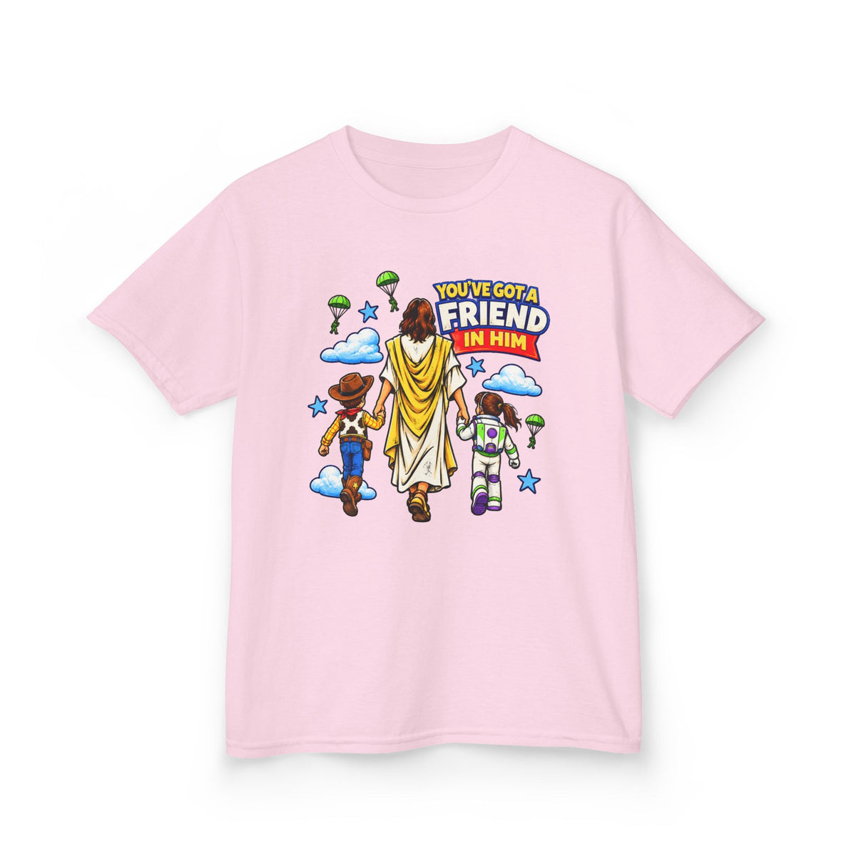 Kids Tee — "You've Gotta Friend in Him" Inspirational Jesus & Toy Friends Graphic
