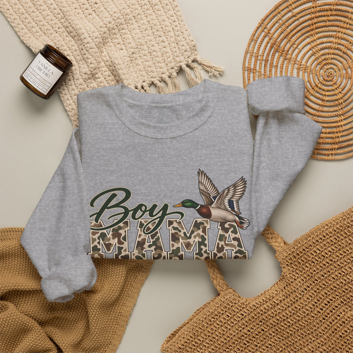 Boy Mama Crewneck Sweatshirt — Camo Lettering with Flying Duck