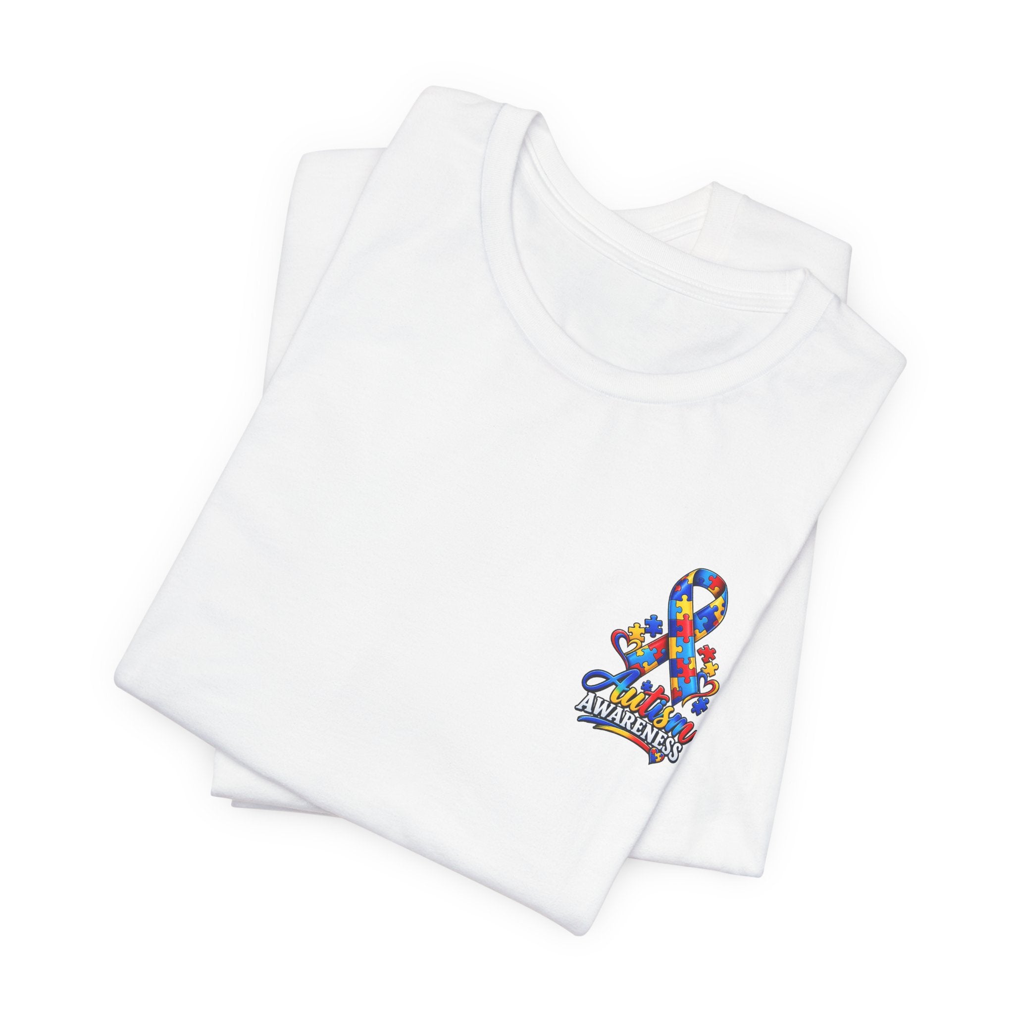 Autism Awareness Ribbon Chest Tee — 'Different, Not Less' Short Sleeve T-Shirt