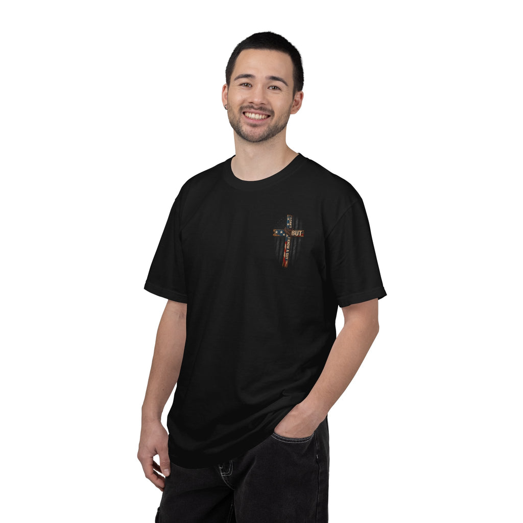 T-Shirt — 'I Can't But I Know A Guy' American Flag Cross Graphic